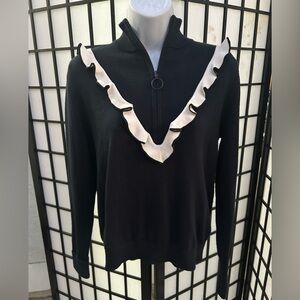 Tory Burch Performance Cashmere Ruffle Half Zip Pullover Sweater Tory Navy (XS)